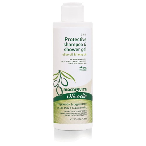 MACROVITA Olive.elia przyjazny dla mikrobiomu ochronny szampon i żel pod prysznic z bio-oliwą i olejem konopnym 200ml