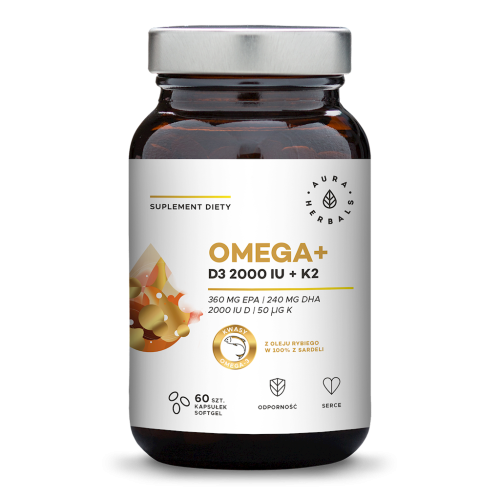 AURA HERBALS Omega+ Witamina D3 2000 IU /cholekalcyferol/ 50 mcg + K2 MK-7 (60 kaps.)