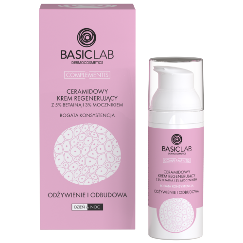 BasicLab Complementis, ceramidowy krem regenerujący z betainą 5% i mocznikiem 3%, odżywienie i odbudowa, 50 ml