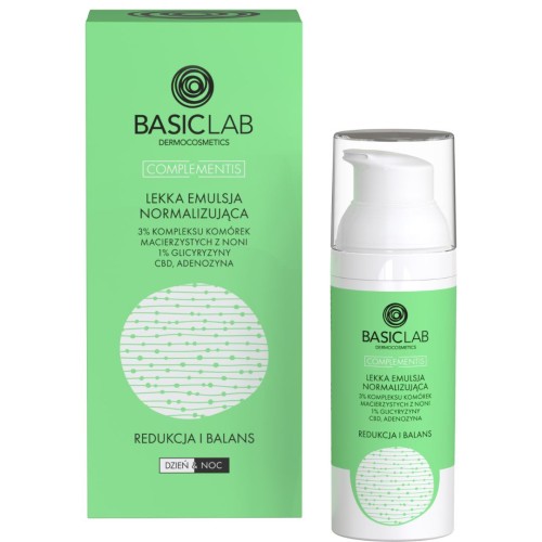 BasicLab Lekka emulsja normalizująca 3% kompleksu komórek macierzystych z noni, 1% glicyryzyny, adenozyna Redukcja i Balans 50ml