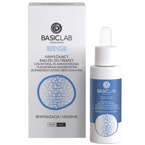 Basiclab Cosmetology - nawilżający emu-żel do twarzy z 6% ektoiną, 3% aminokwasami, 1% komórkami macierzystymi ze śnieżnego lotosu i beta-glukanem 30 ml