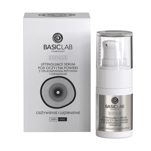 BASICLAB Liftingujące serum pod oczy i na powieki z 10% kompleksem peptydów i ceramidami odżywienie i ujędrnienie 15ml