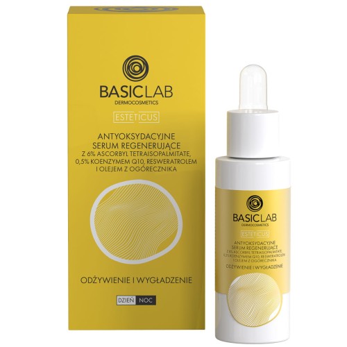 BasicLab Esteticus Antyoksydacyjne serum regenerujące z Ascorbyl Tetraisopalmitate 10%, Koenzymem Q10 0,5%, CBD, Resweratrolem i Olejem Konopnym 30ml